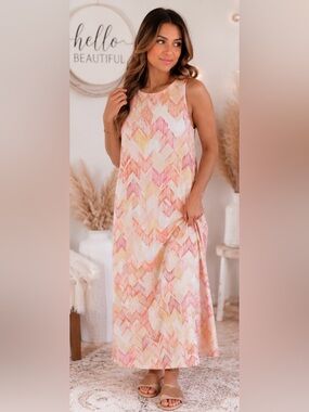 Sleeveless Chevron Maxi Dress in Pink & Peach Tones